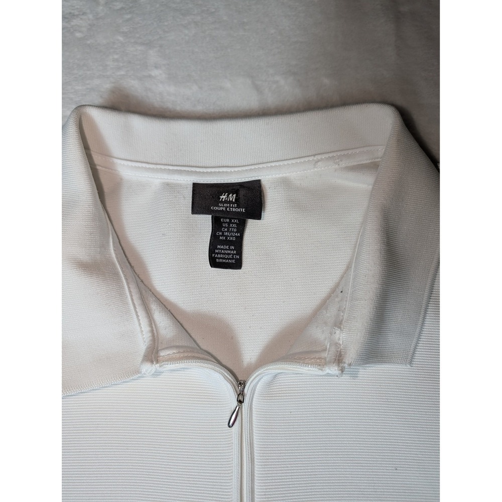 H&M Men's XXL White Slim Fit Quarter Zip Polo Shirt Minimalist